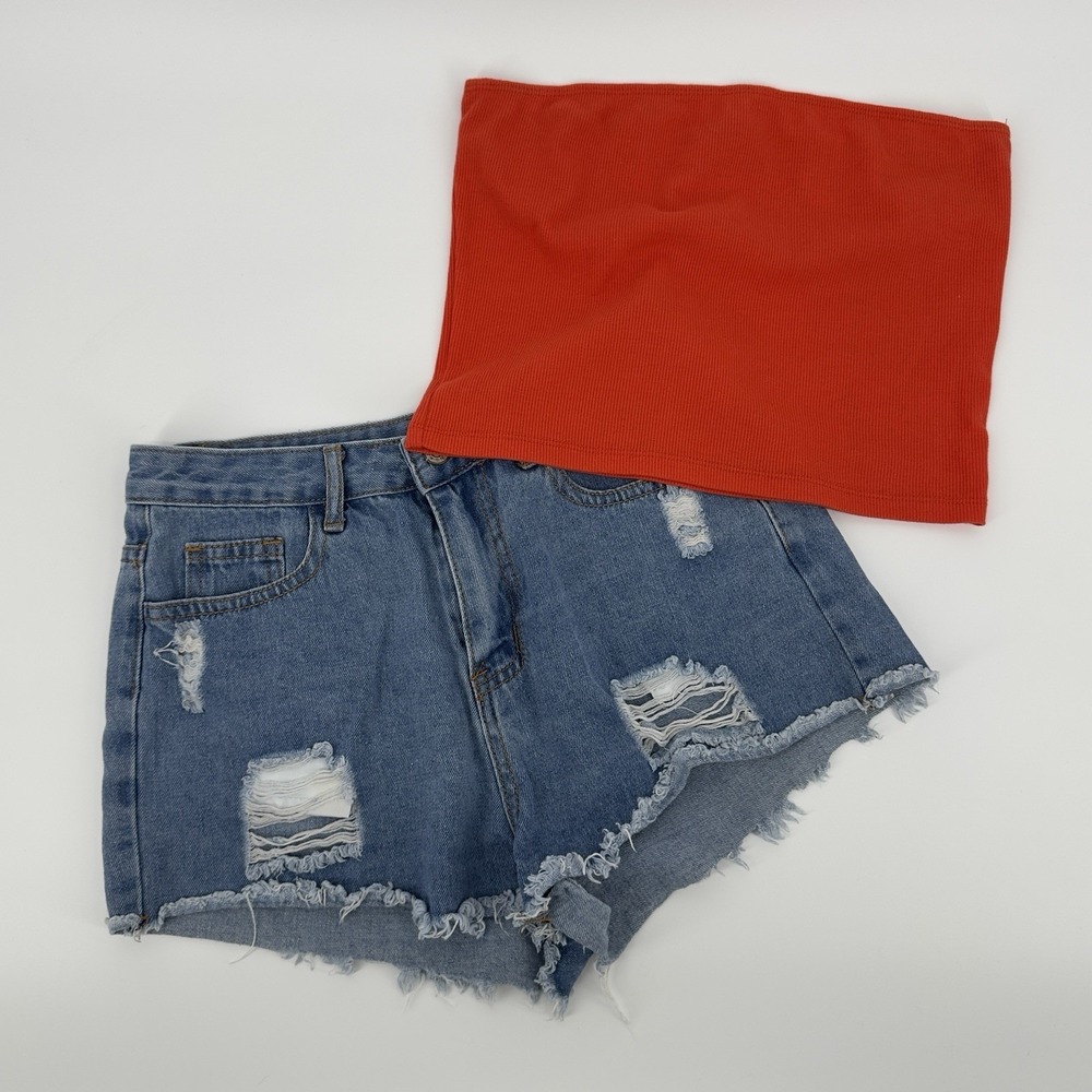 Women's Y2K‎ Distressed Denim Cutoff Shorts + Orange Ribbed Tube Top Set Medium